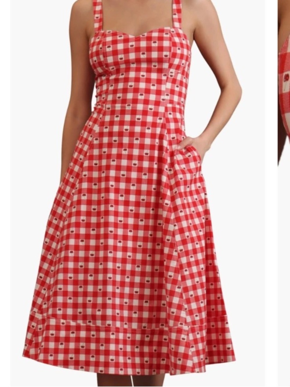 Avec Les Filles “Cherry “ Red Gingham Sweetheart Midi Dress